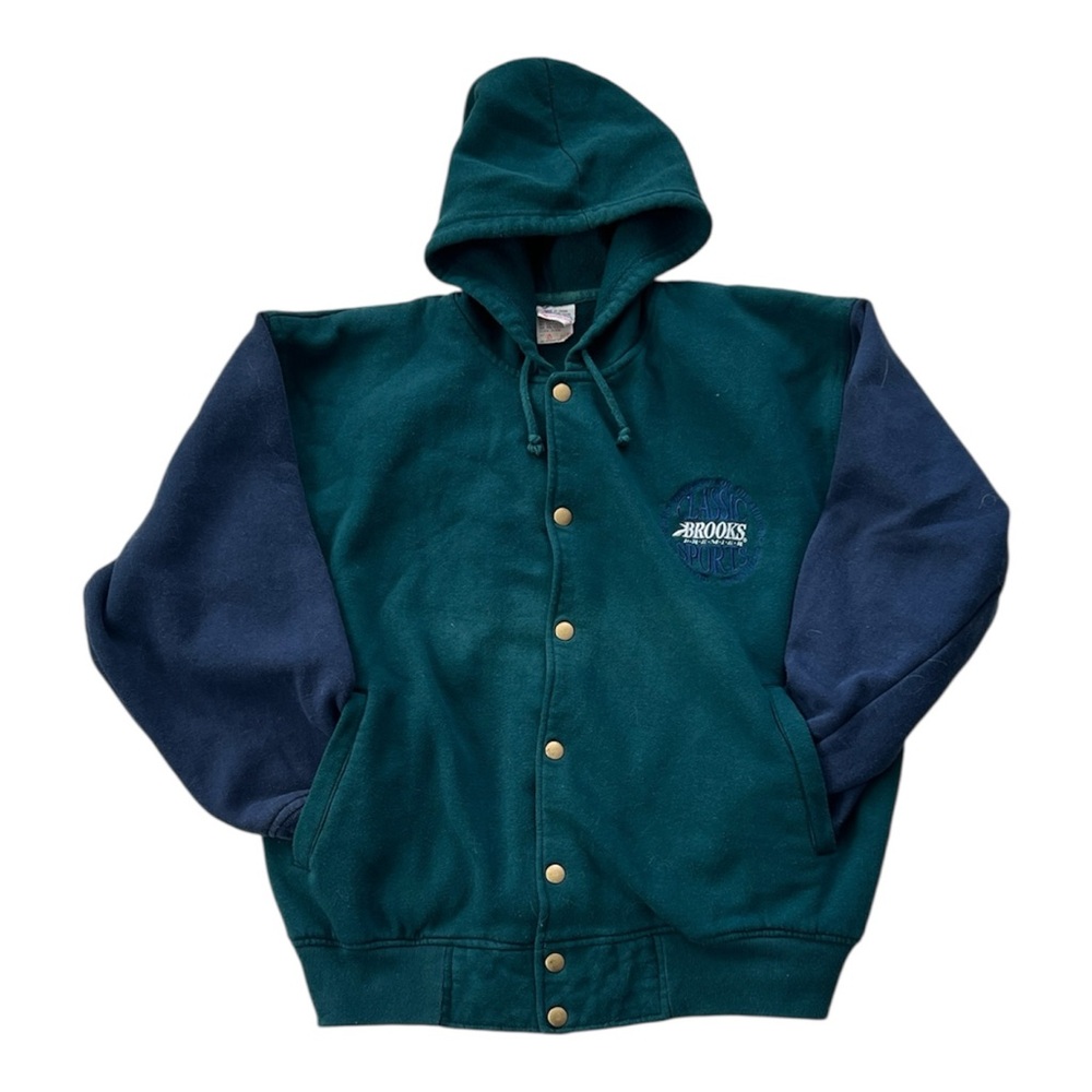 Vintage Brooks Varsity-Style Jacket Snap-Button Hood Embroidered Crest Medium